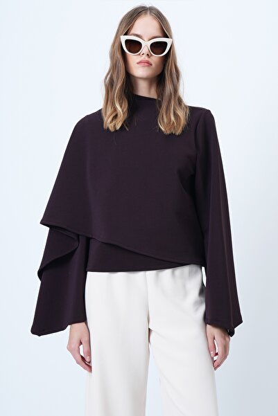 Trend Alaçatı Stili Kadın Mürdüm Bisiklet Yaka Kendinden Şal Detaylı Geniş Kesim Tasarım Bluz ALC-X14420