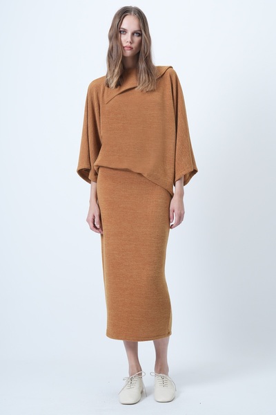 Trend Alaçatı Stili Women's Mustard Collar Design Batwing Sleeve Knitwear Blouse and Pencil Skirt Set Alc-X14625