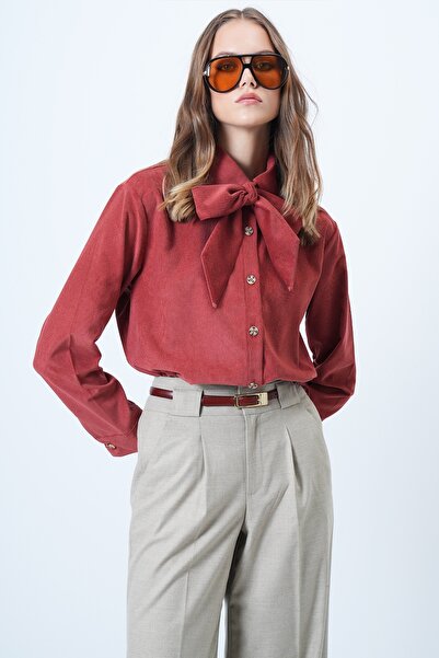 Trend Alaçatı Stili Cămașă oversize din catifea pentru femei, cu curea, ALC-X14622