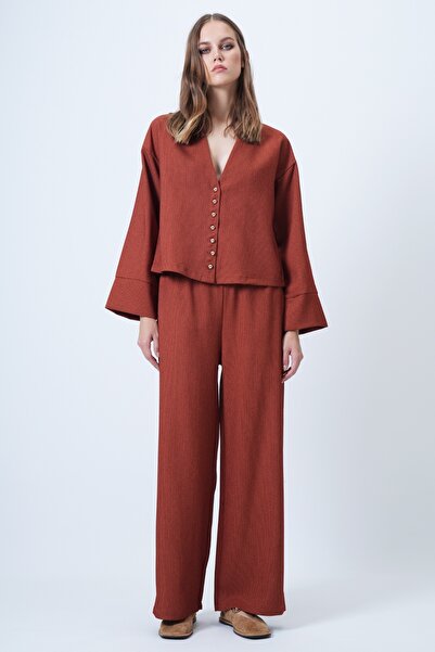 Trend Alaçatı Stili Women's Tile Pattern High Neck Gold Button Detail Velvet Jacket and Palazzo Pants Two-Piece Set Alc-X14633