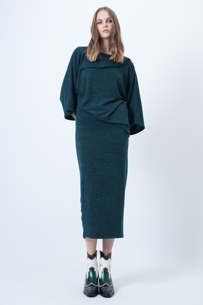 Trend Alaçatı Stili Women's Emerald Green Collar Design Batwing Sleeve Knitwear Blouse and Pencil Skirt Set Alc-X14625