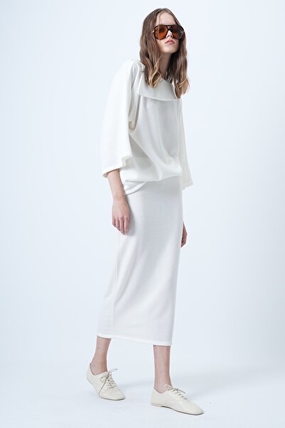 Trend Alaçatı Stili Women's Ecru Collar Design Batwing Sleeve Knitwear Blouse and Pencil Skirt Set Alc-X14625