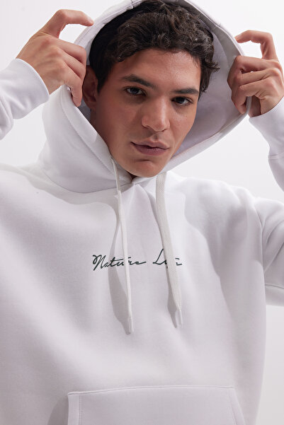 Tudors Unisex Oversize Geniş Kesim Pamuklu Yumuşak Dokulu İçi Polarlı Baskılı Beyaz Kapüşonlu Sweatshirt