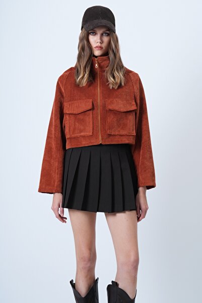 Trend Alaçatı Stili Women's Tile Double Pocket Raglan Sleeve Velvet Jacket Alc-X14604