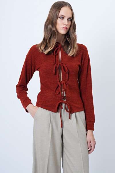 Trend Alaçatı Stili Women's Tile Pattern Crew Neck Bow Tie Front Knit Cardigan Alc-X14612