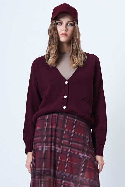 Trend Alaçatı Stili Kadın Bordo V Yaka Çift Cepli Triko Hırka ALC-X14636