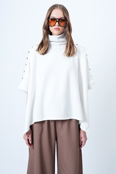 Trend Alaçatı Stili Women's Ecru Turtleneck Button Detailed Oversize Knitwear Poncho Alc-X14631