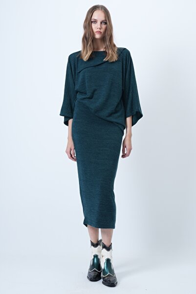 Trend Alaçatı Stili Women's Emerald Green Collar Design Batwing Sleeve Knitwear Blouse and Pencil Skirt Set Alc-X14625