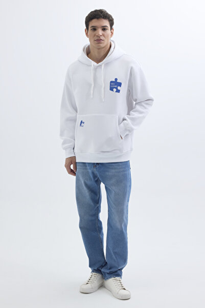 Tudors Unisex Oversize Geniş Kesim Pamuklu Yumuşak Dokulu İçi Polarlı Baskılı Beyaz Kapüşonlu Sweatshirt