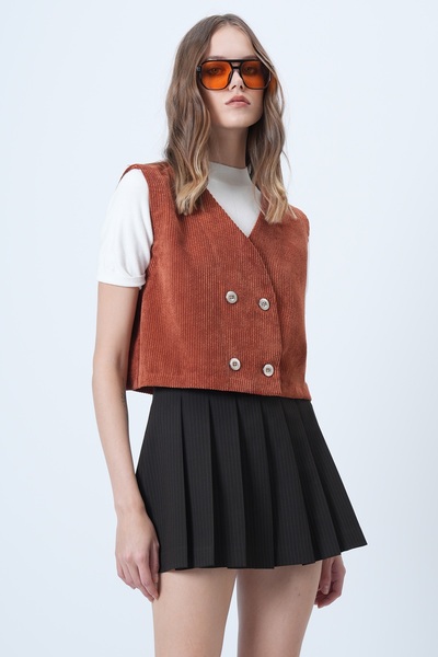 Trend Alaçatı Stili Women's Tile Double Breasted Collar Metal Button Velvet Vest Alc-X14568