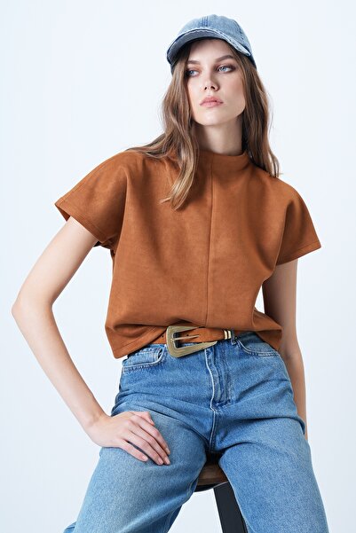 Trend Alaçatı Stili Γυναικεία μπλούζα από ψεύτικο σουέτ με κρυφό φερμουάρ με ψηλό γιακά ALC-X14615