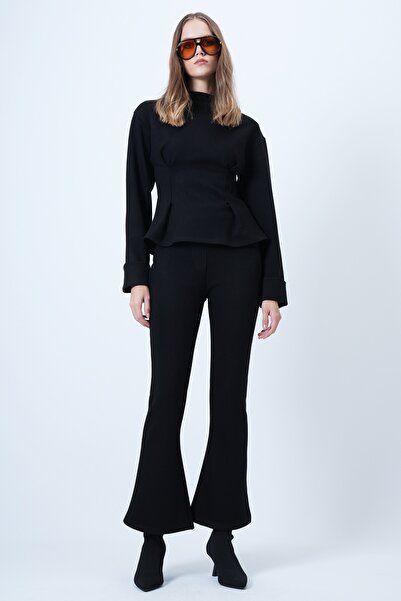 Trend Alaçatı Stili Women's Black Blouse with Pencil Detail and Spanish Leg Trousers Set Alc-X14643