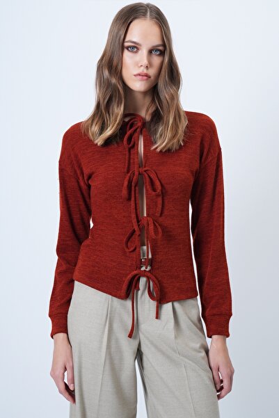 Trend Alaçatı Stili Women's Tile Pattern Crew Neck Bow Tie Front Knit Cardigan Alc-X14612