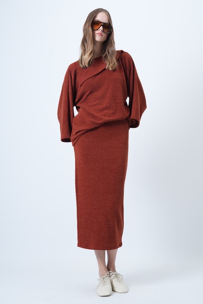 Trend Alaçatı Stili Women's Cinnamon Collar Design Batwing Sleeve Knitwear Blouse and Pencil Skirt Set Alc-X14625