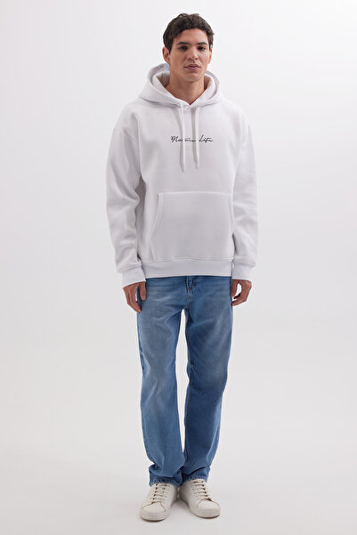 Tudors Unisex Oversize Geniş Kesim Pamuklu Yumuşak Dokulu İçi Polarlı Baskılı Beyaz Kapüşonlu Sweatshirt