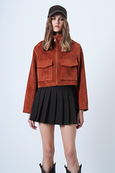 Trend Alaçatı Stili Women's Tile Double Pocket Raglan Sleeve Velvet Jacket Alc-X14604