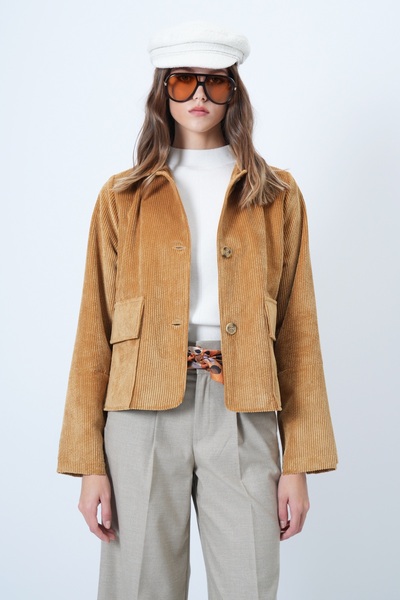 Trend Alaçatı Stili Női mustáros dupla zsebes, széles mandzsettás bársonykabát ALC-X14603