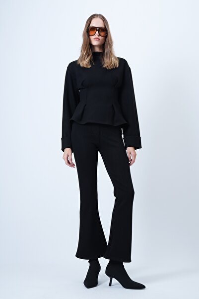Trend Alaçatı Stili Women's Black Blouse with Pencil Detail and Spanish Leg Trousers Set Alc-X14643