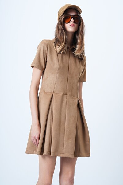 Trend Alaçatı Stili Kadın Bej Pile Detaylı Süet Mini Elbise ALC-X14630