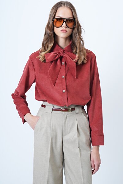 Trend Alaçatı Stili Cămașă oversize din catifea pentru femei, cu curea, ALC-X14622