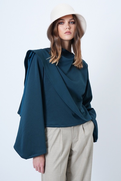 Trend Alaçatı Stili Women's Walnut Green Crew Neck Self-Shawl Detailed Wide Cut Design Blouse Alc-X14420