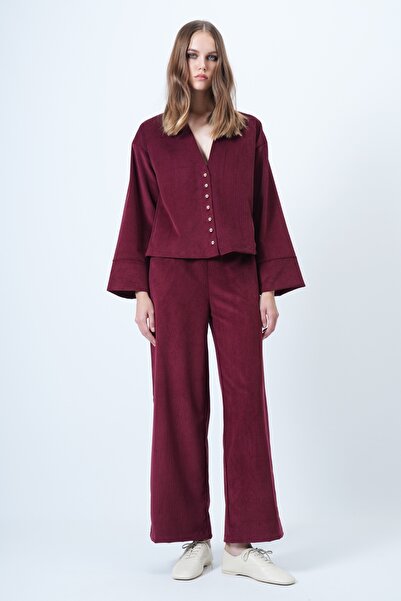 Trend Alaçatı Stili Women's Burgundy Judge Collar Gold Button Detailed Velvet Jacket and Palazzo Pants Two Piece Set Alc-X14633