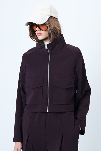 Trend Alaçatı Stili Women's Plum Stand Collar Double Pocket Raglan Sleeve Jacket Alc-X14409