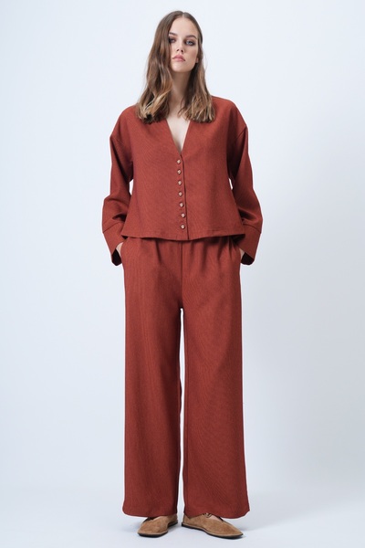 Trend Alaçatı Stili Women's Tile Pattern High Neck Gold Button Detail Velvet Jacket and Palazzo Pants Two-Piece Set Alc-X14633