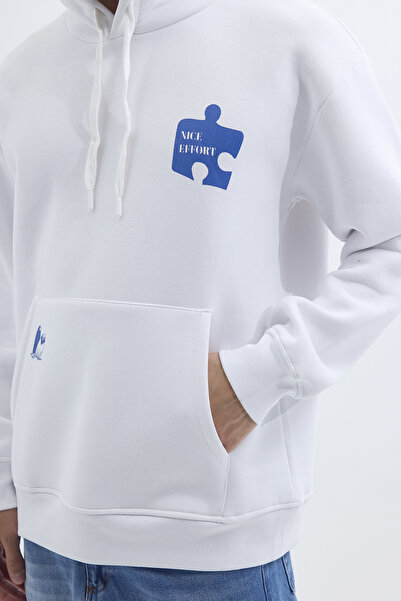 Tudors Unisex Oversize Geniş Kesim Pamuklu Yumuşak Dokulu İçi Polarlı Baskılı Beyaz Kapüşonlu Sweatshirt