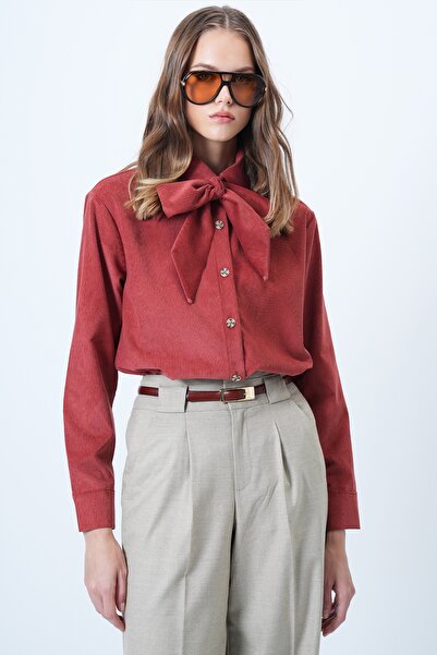 Trend Alaçatı Stili Cămașă oversize din catifea pentru femei, cu curea, ALC-X14622