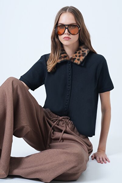 Trend Alaçatı Stili Women's Black Leopard Detachable Fur Detailed Knitted Blouse Alc-X14640