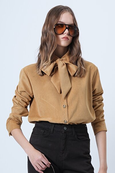 Trend Alaçatı Stili Kadın Hardal Kendinden Kuşaklı Oversize Kadife Gömlek ALC-X14622