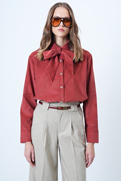 Trend Alaçatı Stili Cămașă oversize din catifea pentru femei, cu curea, ALC-X14622