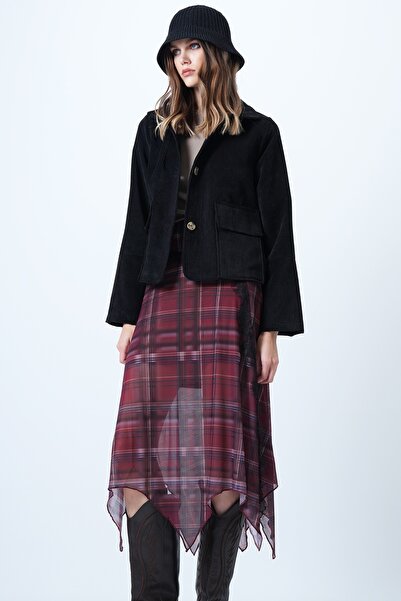 Trend Alaçatı Stili Women's Black Double Pocket Wide Cuff Velvet Jacket Alc-X14603