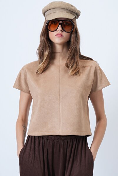 Trend Alaçatı Stili Women's Dark Beige Stand Collar Hidden Zipper Faux Suede Blouse Alc-X14615