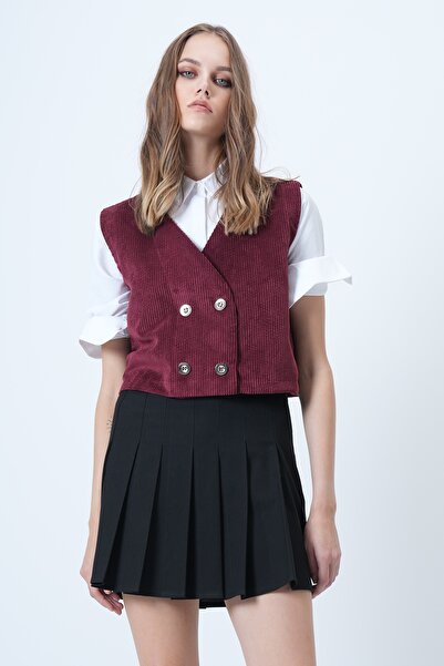 Trend Alaçatı Stili Women's Ecru Double Breasted Collar Metal Buttoned Velvet Vest Alc-X14568