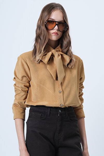 Trend Alaçatı Stili Kadın Hardal Kendinden Kuşaklı Oversize Kadife Gömlek ALC-X14622
