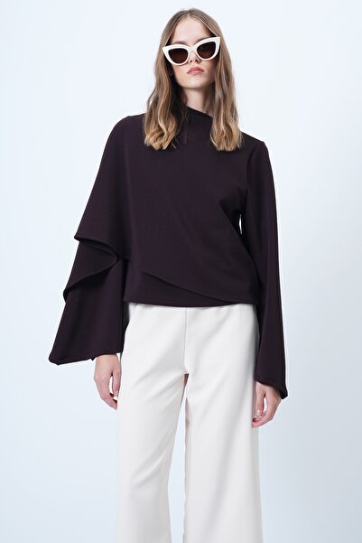 Trend Alaçatı Stili Kadın Mürdüm Bisiklet Yaka Kendinden Şal Detaylı Geniş Kesim Tasarım Bluz ALC-X14420