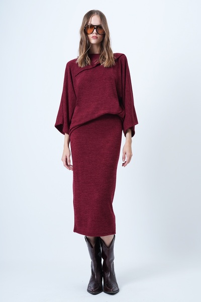 Trend Alaçatı Stili Women's Burgundy Collar Design Batwing Sleeve Knitwear Blouse and Pencil Skirt Set Alc-X14625