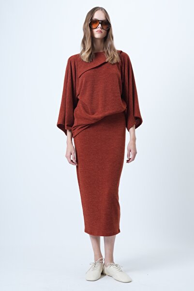 Trend Alaçatı Stili Women's Cinnamon Collar Design Batwing Sleeve Knitwear Blouse and Pencil Skirt Set Alc-X14625