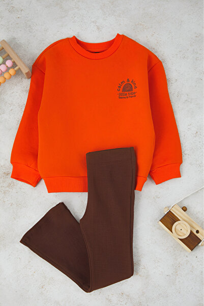 TRENDYOLKIDS Brown Cotton Plain Thick/Inside Fleece Girls Oversize Knitted Bottom - Top Set Tkdaw26Au00020