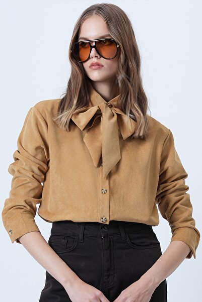 Trend Alaçatı Stili Kadın Hardal Kendinden Kuşaklı Oversize Kadife Gömlek ALC-X14622