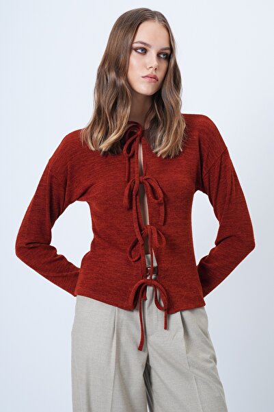 Trend Alaçatı Stili Women's Tile Pattern Crew Neck Bow Tie Front Knit Cardigan Alc-X14612