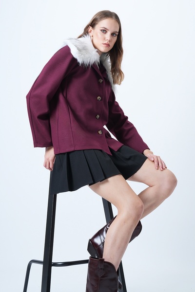 Trend Alaçatı Stili Kadın Bordo Yaksı Çıkabilen Süni Kürklü Gizli Cepli Kaşe ...