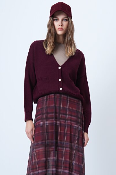 Trend Alaçatı Stili Kadın Bordo V Yaka Çift Cepli Triko Hırka ALC-X14636