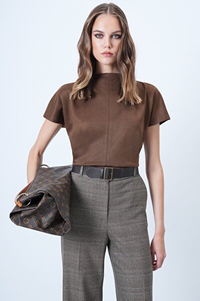 Trend Alaçatı Stili Women's Bitter Brown Stand Collar Hidden Zipper Faux Suede Blouse Alc-X14615
