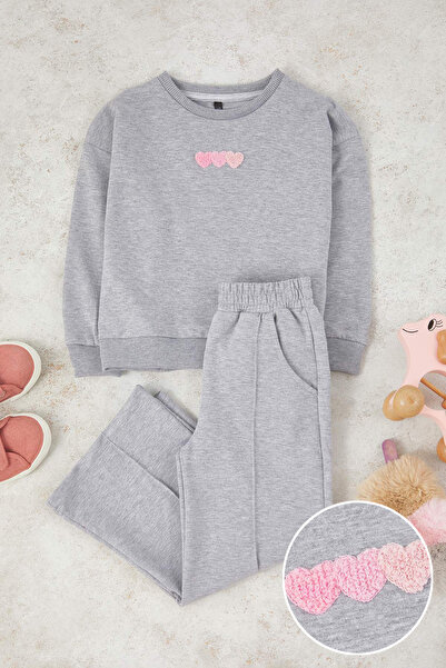 TRENDYOLKIDS Gray Melange Cotton Heart Oversize Girls' Knitted Bottom - Top Set Tkdaw26Au00001