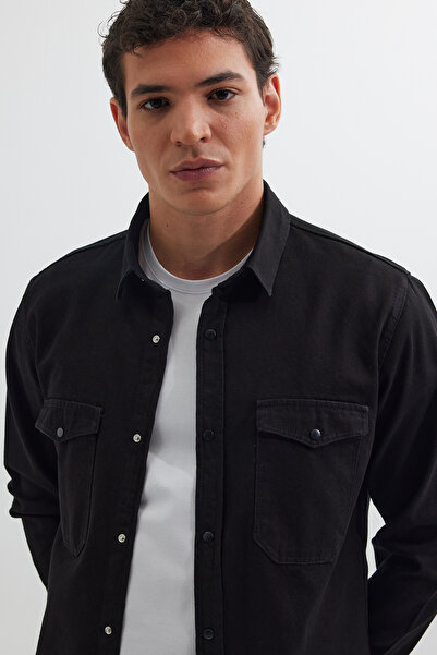 Tudors Erkek Slim Fit Dar Kesim Uzun Kollu Denim Kot Çift Cep Çıtçıtlı Siyah Gömlek