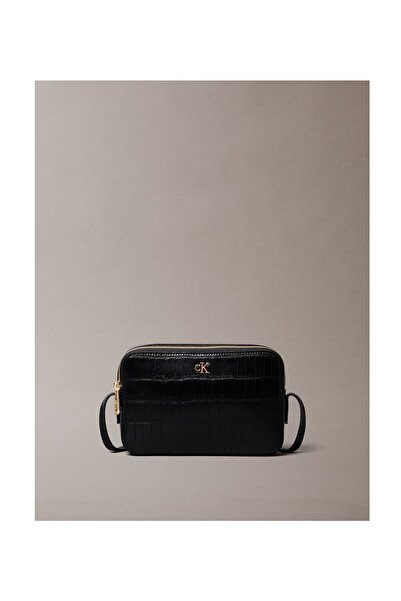 Calvin Klein Women's Crocodile Patterned Metal Emblem Camera Shoulder Bag - Black
