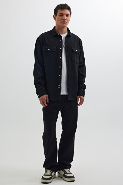 Tudors Ανδρικό πουκάμισο με άνετο κοψίματο, αθλητικό γιακά, με διπλή τσέπη, τζιν μαύρο πουκάμισο